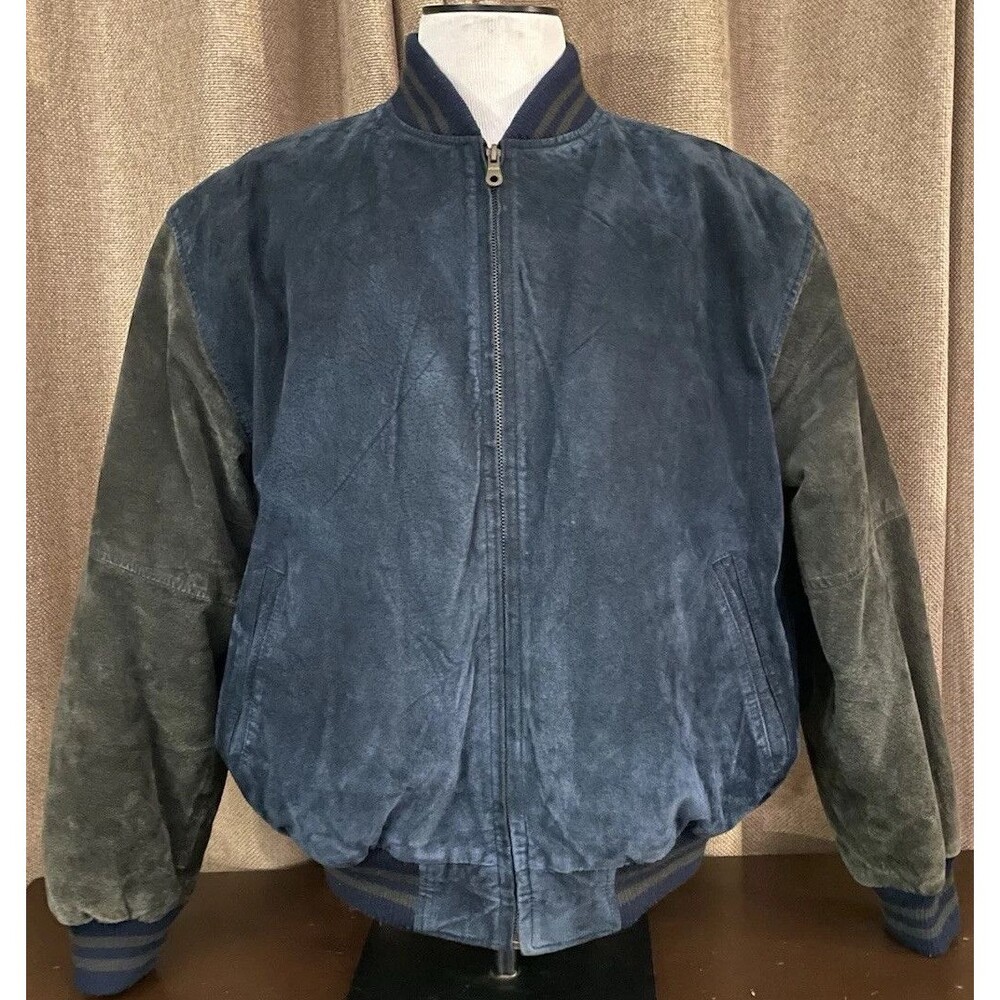 Vintage Varsity 100% Leather Unisex Bomber Jacket Two Toned LG Navy/Gray Retro